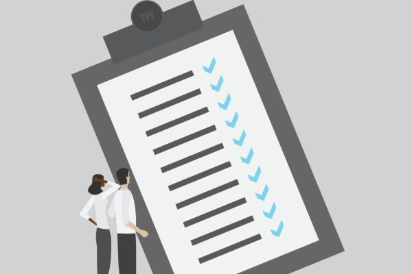 A graphic of a checklist and 2 people looking at it
