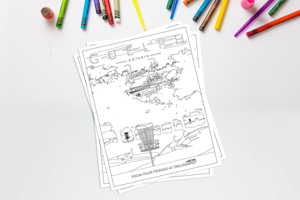 Colouring page of Riverside Park neighbourhood in Guelph, Ontario with crayons around it. From TrilliumWest Real Estate Brokerage.
