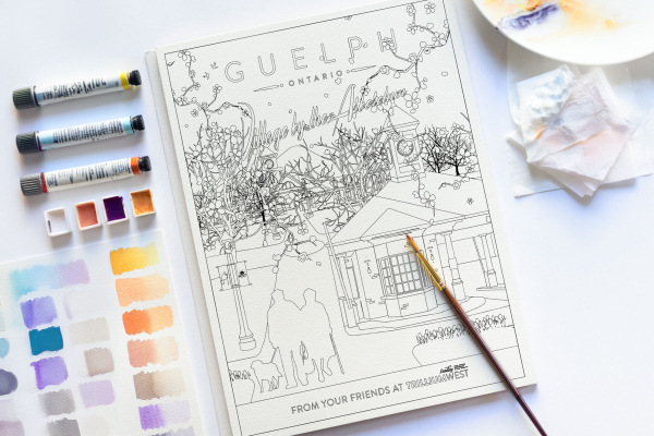 Colouring page of Village be the Arboretum neighbourhood in Guelph, Ontario with paint and brushes around it. From TrilliumWest Real Estate Brokerage.