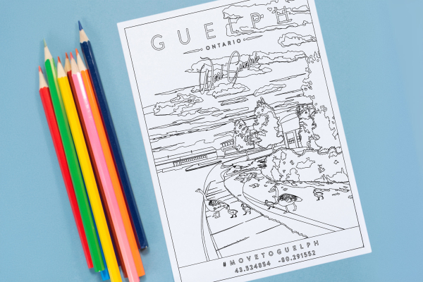 Colouring page of West Guelph neighbourhood in guelph, Ontario with pencil crayons around it. From TrilliumWest Real Estate Brokerage.