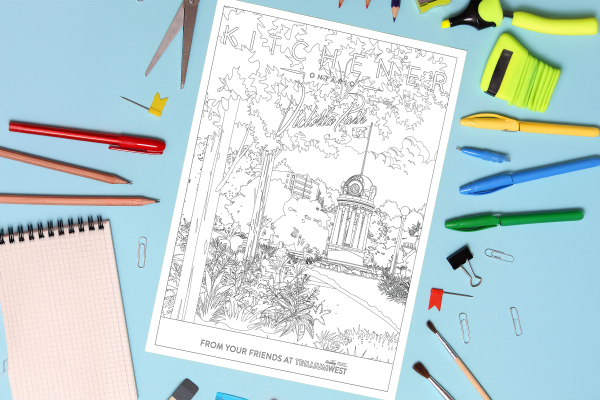 Colouring page of Victoria Park neighbourhood in Kitchener, Ontario with pencils, pens and paperclips around it. From TrilliumWest Real Estate Brokerage.