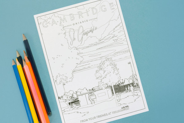 Colouring page of St. Gregory's neighbourhood in Cambridge, Ontario with pencil crayons around it. From TrilliumWest Real Estate Brokerage.