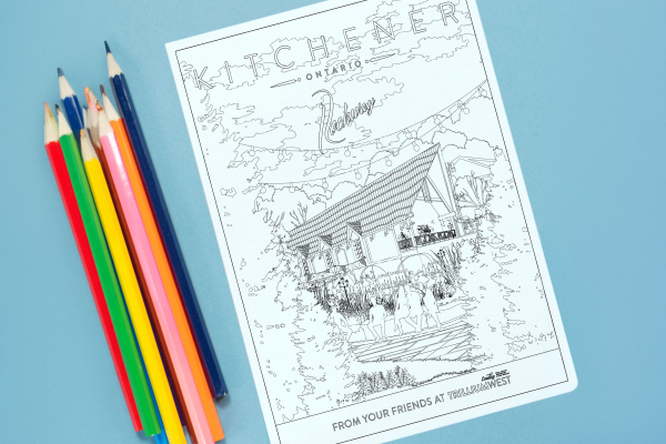 Colouring page of Rockway neighbourhood in Kitchener, Ontario with pencil crayons around it. From TrilliumWest Real Estate Brokerage.