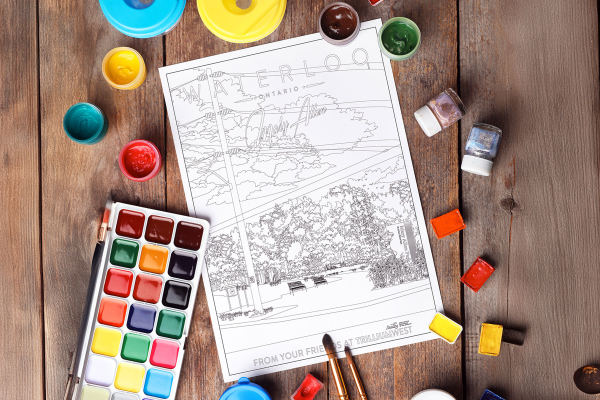 Colouring page of Mary Allen neighbourhood in Waterloo, Ontario with paint and brushes around it. From TrilliumWest Real Estate Brokerage.