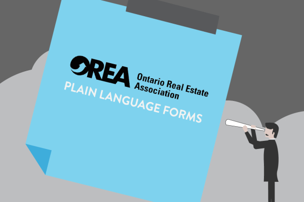a graphic of a man looking through a telescope at the Ontario Real Estate Association plain languages form
