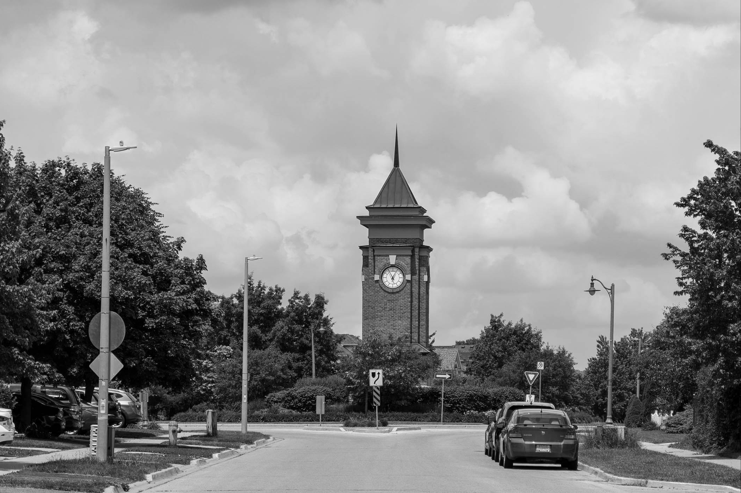 a photo of the clock tower in the pine ridge & westminster woods neighbourhood in south Guelph, Ontario
