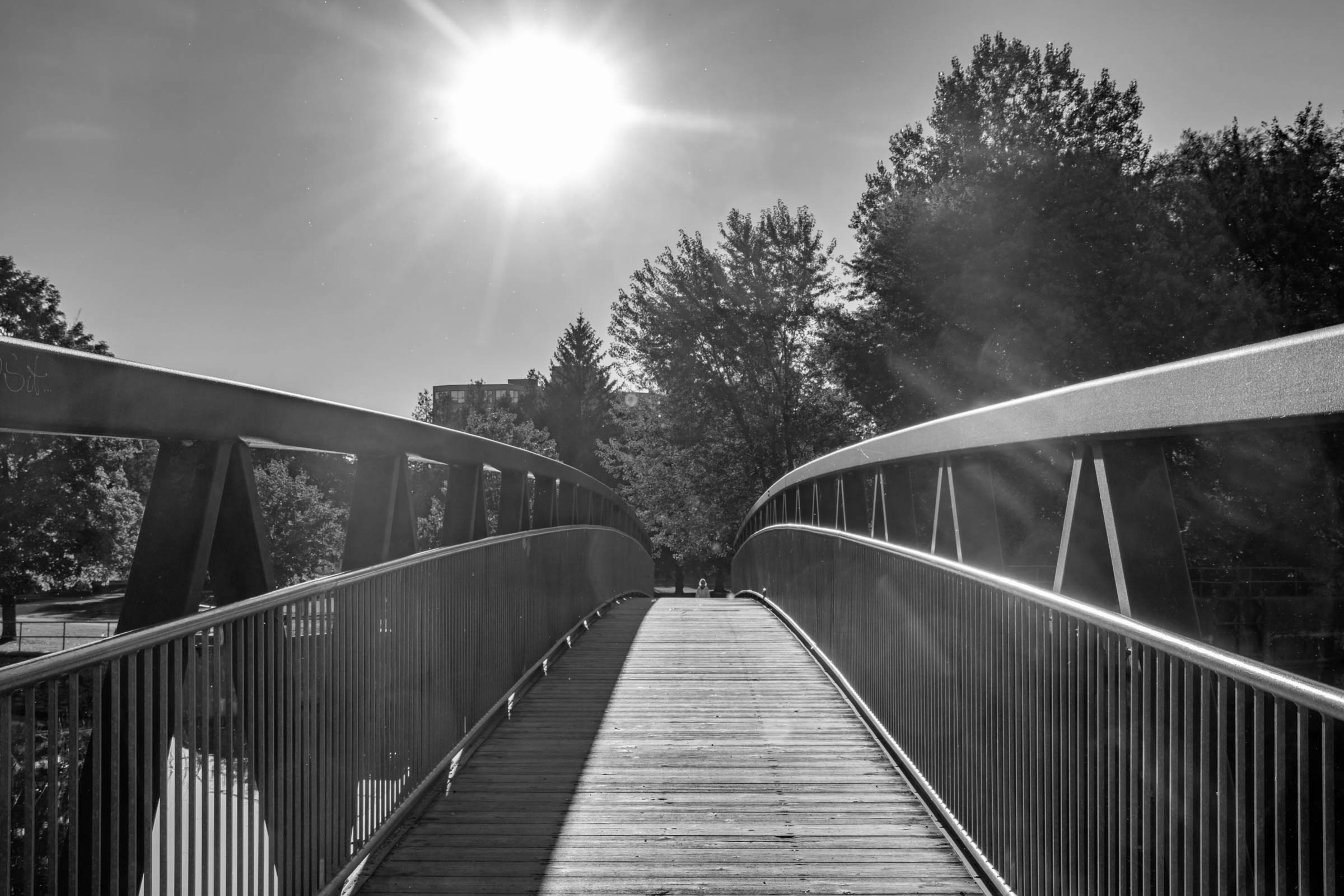 a photo looking over a pedestrian bridge in Riverside Park
