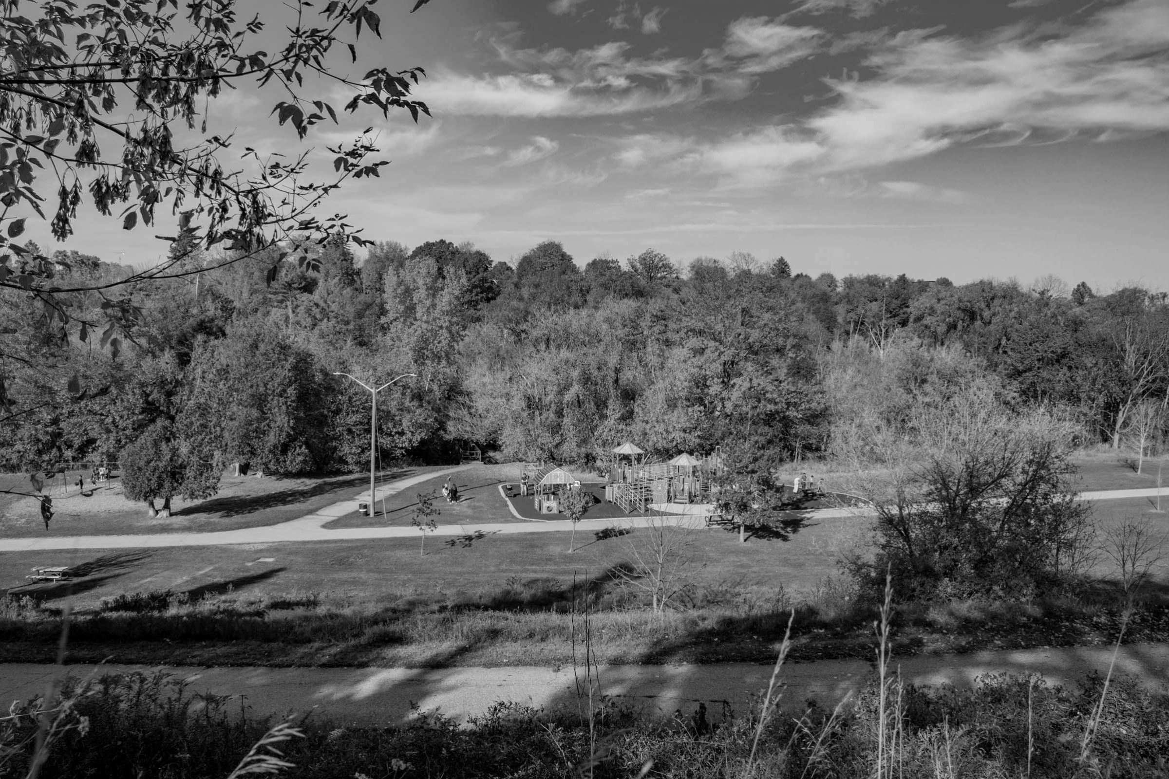 Looking over Churchill Park from a distance, in the Churchill Park neighbourhood in East Galt, Cambridge, Ontario