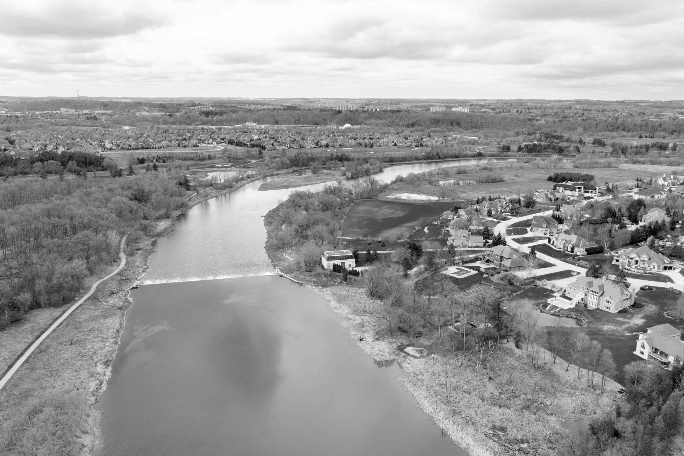 an aerial photo of the hidden valley neighbourhood overlooking the river