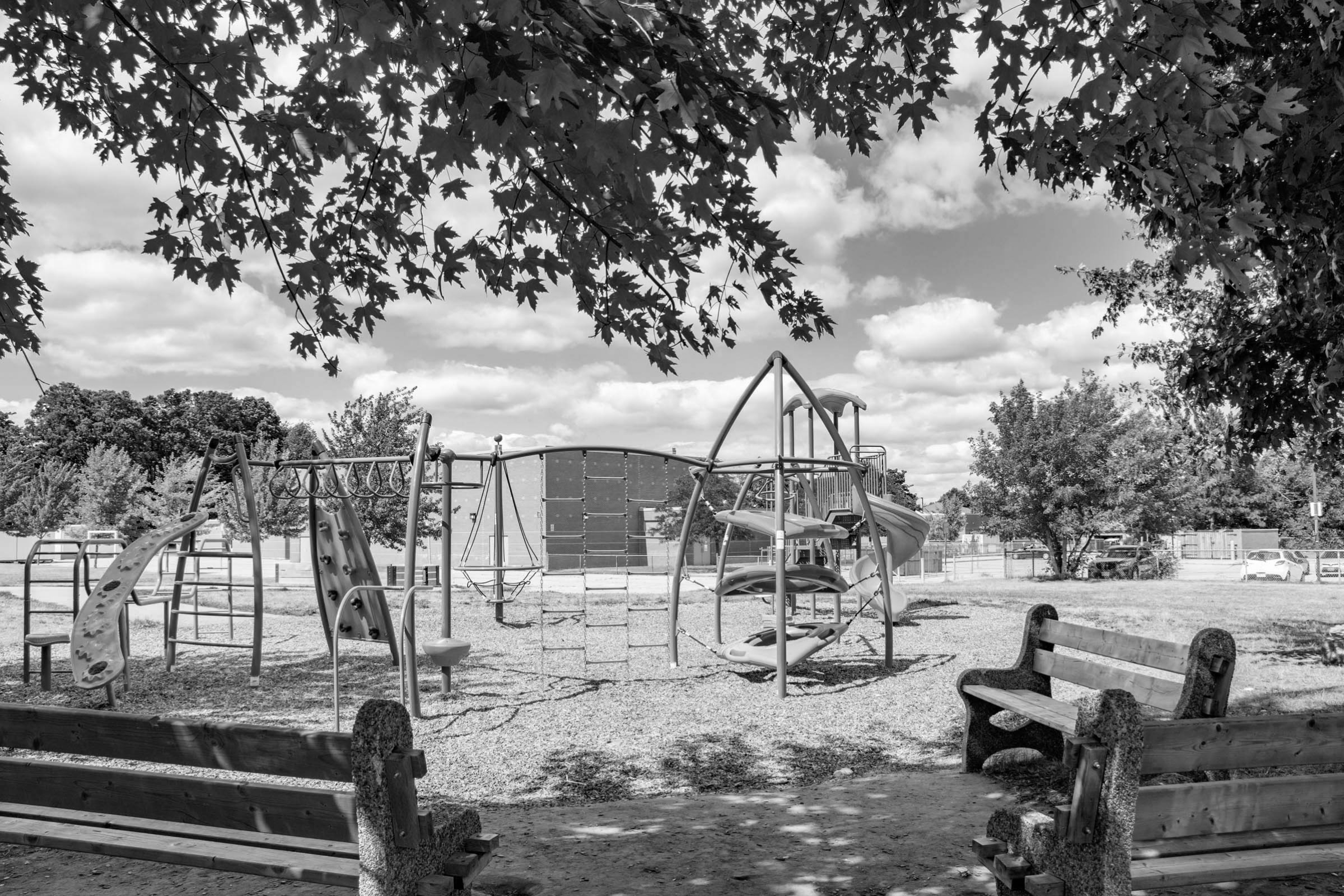 a photo of a neighbourhood park with climbing activities and park benches