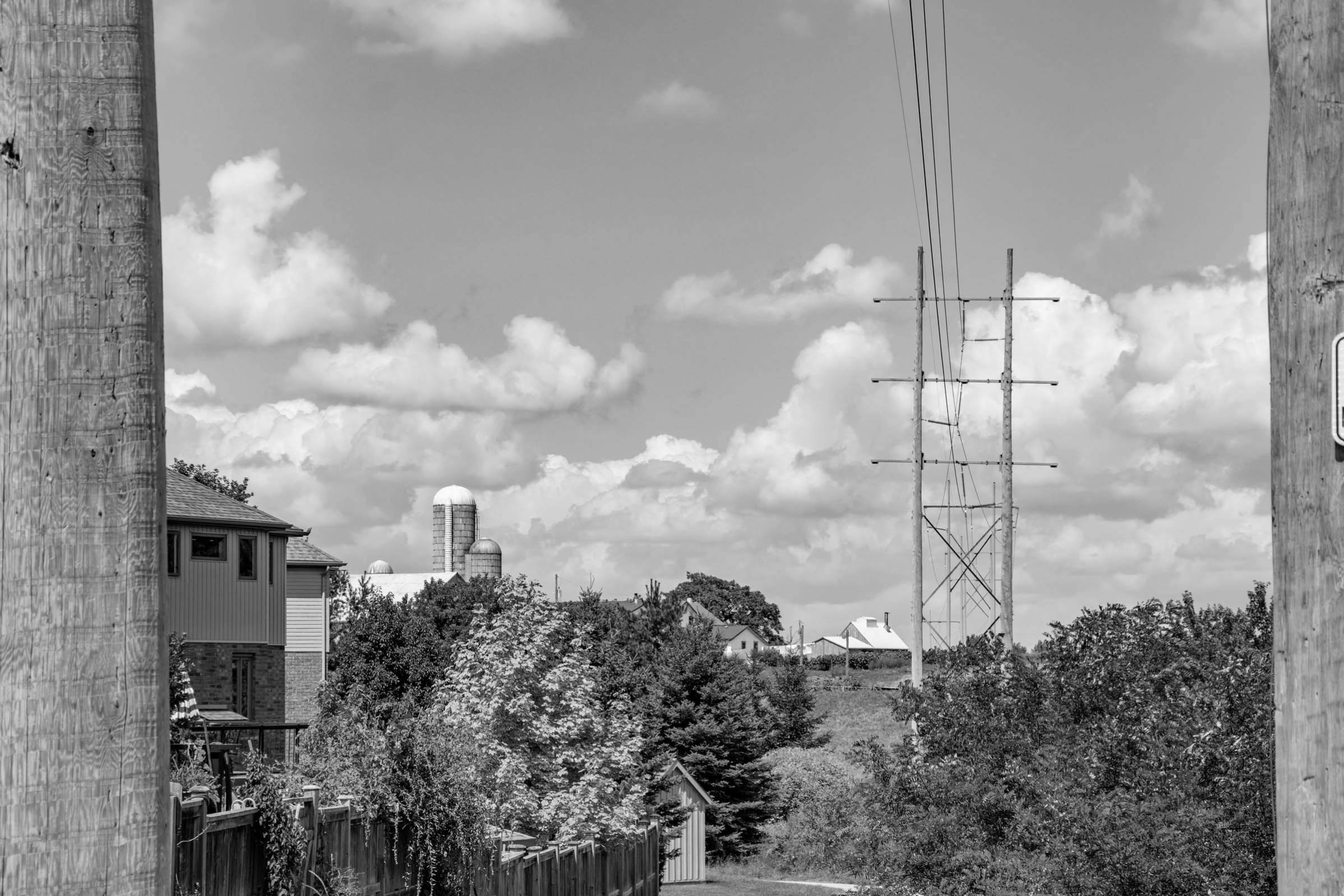a photo of homes with trees in the backyards, a hydro wire and farms off in the distance. Located in the Conservation Meadows neighbourhood in West Waterloo, Ontario