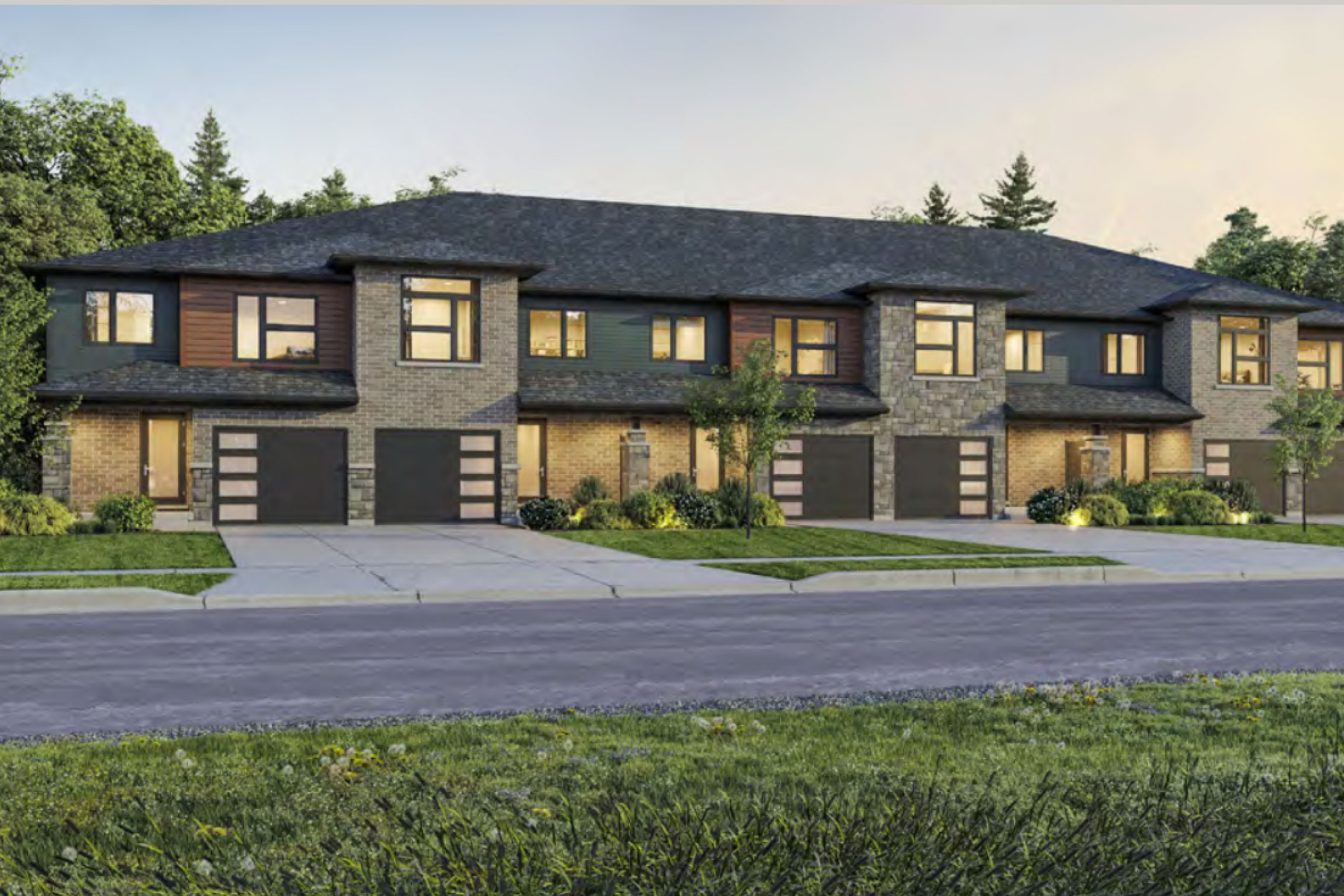 a rendering of proposed new construction townhomes in Grange Hill, East Guelph built by Gemini Homes